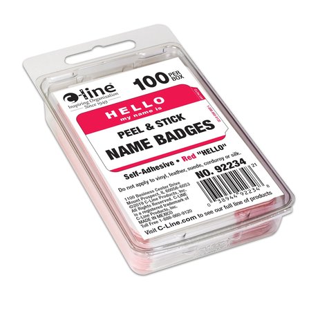 C-Line Products Pressure Sensitive Badges, HELLO my name is, Red, 3 12 x 2 14, 100BX Set of 10 BX, 1000PK 92234-CT